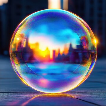 iridescent soap bubble on pavement reflecting a colorful city skyline at sunset, glowing with magical calm and wonder