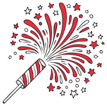 Red and white striped firecracker exploding with red and white starbursts and circles