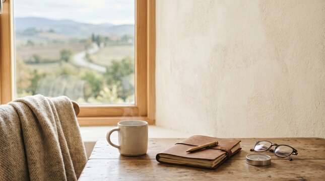 Cozy rustic writing desk with steaming coffee journal and glasses by window overlooking countryside