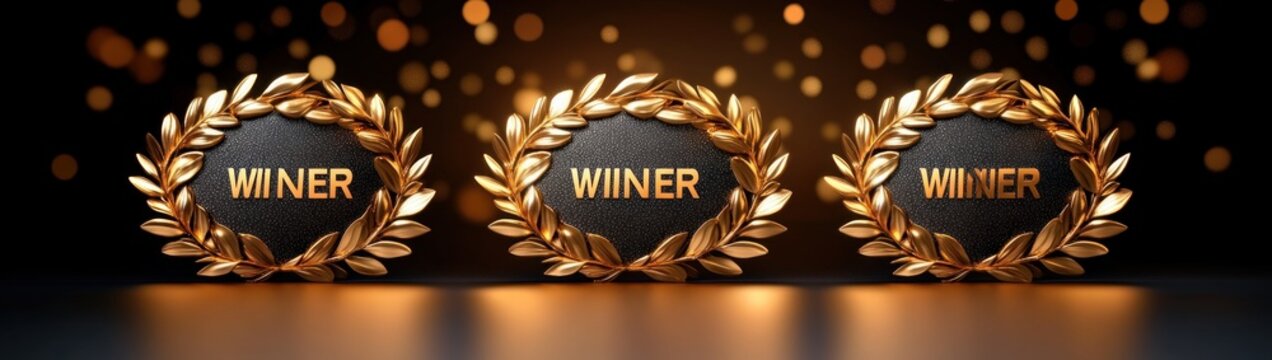 three golden laurel wreaths with black textured plaques reading winner, glowing golden bokeh background and reflective surface conveying triumphant celebratory mood