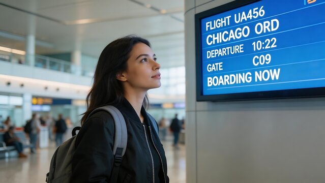 Woman at airport gate checking flight info