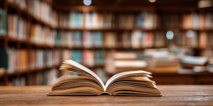 An open book rests on a wooden table in front of a blurred library bookshelf background.