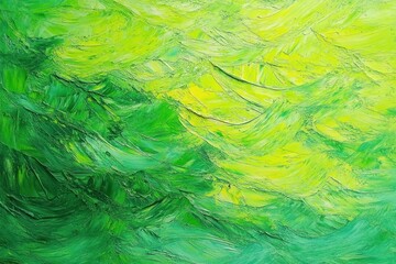 Obraz premium thick impasto green and yellow abstract painting with swirling wave-like brushstrokes and layered texture conveying energetic uplifting motion