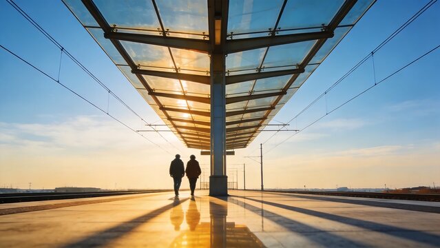 Two people walking on a train platform