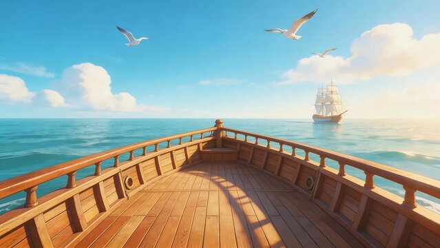 Wooden ship deck sailing ocean