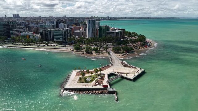 Aerial view of Marco dos Corais during high tide - Observation pier built on the reefs of Ponta Verde Beach, inaugurated in April 2022, a tourist attraction in Macei&oacute;, Alagoas, Brazil