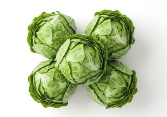 Fototapeta premium Overhead shot of fresh iceberg lettuce heads arranged tightly on a white background, highlighting crisp green leaves and crunchy texture, natural, organic, agriculture