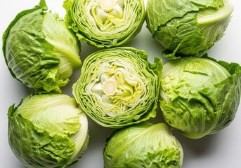 Fototapeta premium Overhead shot of fresh iceberg lettuce heads arranged tightly on a white background, highlighting crisp green leaves and crunchy texture, grocery, salad, leafy