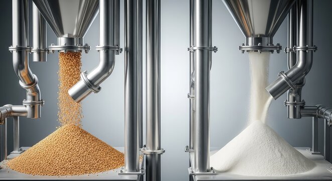 Sleek industrial machines process raw wheat into fine white flour inside a modern facility featuring stainless steel pipes and automation, sifting, pipes, clean