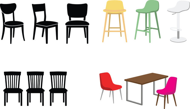 Collection of modern chair and stool vector icons including dining chairs bar stools and table seating illustrations