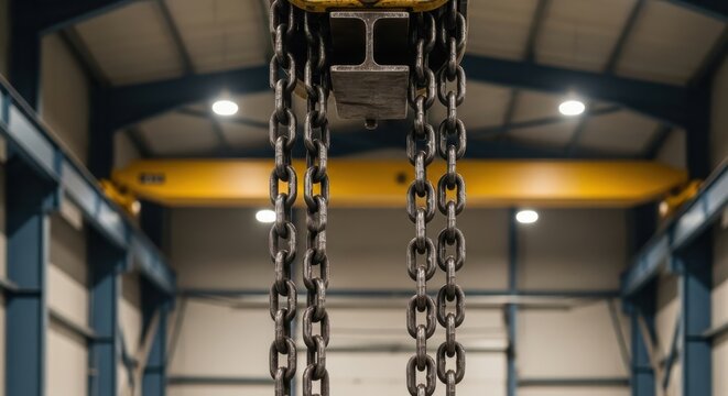 A close-up view of hanging chains from a crane in an industrial warehouse interior with metal beams and lights.