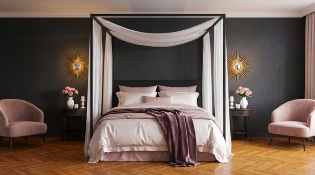 Luxurious master bedroom with canopy bed and pink velvet armchairs, elegant dark gray walls in a modern boutique hotel suite, sophisticated interior design with gold sconces and parquet floor.
