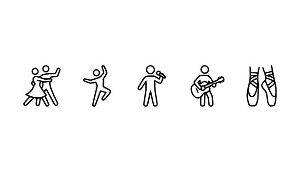 Minimal dancing and performance outline icon set with couple singer guitar and pointe symbols isolated on white