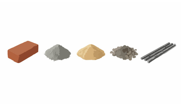 Realistic 3D construction material objects with brick cement sand gravel and metal isolated on white background