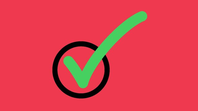 A video showcasing a green checkmark in a black circle on a red background
