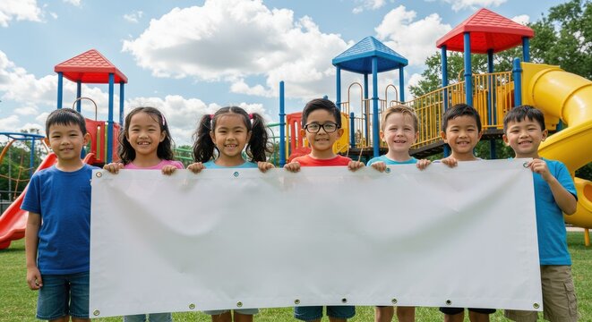Grupo diversificado de crian&ccedil;as segurando uma faixa em branco em um parque infantil ao ar livre.