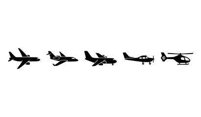 Minimal airplane silhouette icon set with jet plane cargo and helicopter travel vector isolated on white background © MdShakil
