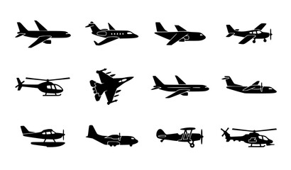 Black airplane silhouette icon set with jet cargo helicopter and plane types travel concept vector isolated on white © MdShakil