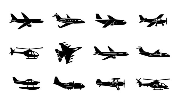 Black airplane silhouette icon set with jet cargo helicopter and plane types travel concept vector isolated on white