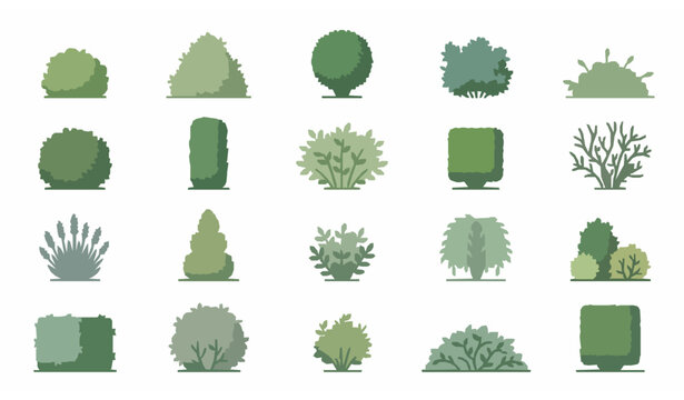 Minimal flowering shrub icon set with garden bushes and blooming plants flat vector isolated on white background