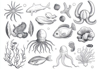 Obraz premium Hand-drawn black and white marine study of octopus, jellyfish, squid, fish, shark, whale, seahorse, shells, coral, seaweed, anemone and bubbles evoking calm curiosity