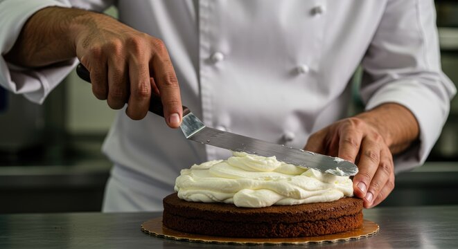 Chef decorando um bolo com chantilly em uma cozinha comercial (foto em close-up)