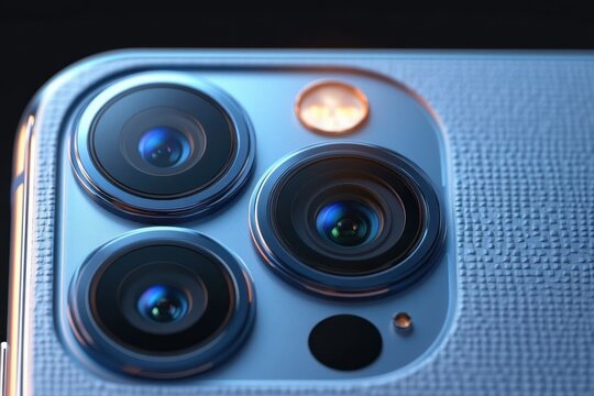 Close-up of a sleek blue smartphone's triple camera lenses and flash on a textured metallic back, conveying precision and high-tech elegance