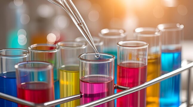 Close-up of a laboratory experiment with colorful liquids in test tubes, a pipette adding a drop into one tube