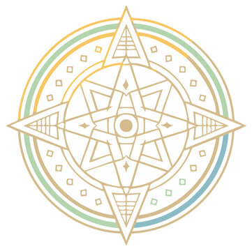 Geometric star compass design with circular frame and subtle color details, emblem for navigation or guidance
