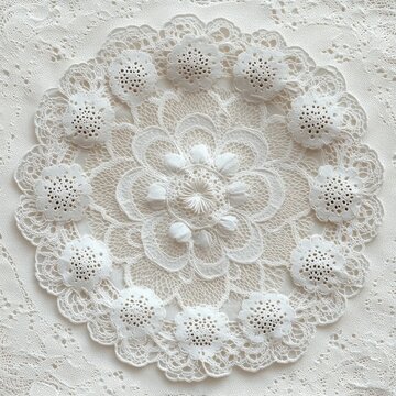 delicate round white crochet lace doily with floral motifs and scalloped edge on textured fabric, evoking vintage serenity and cozy elegance
