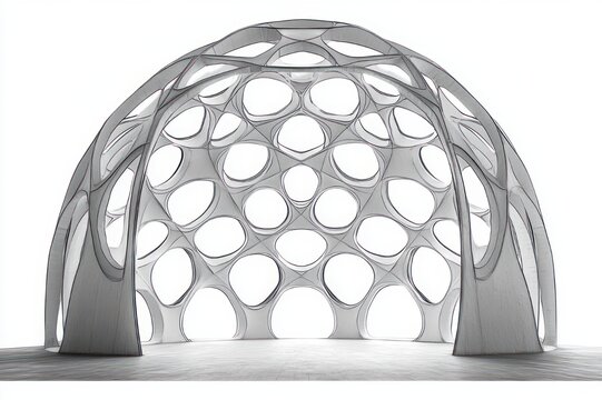 airy organic lattice dome pavilion with circular honeycomb openings, four sweeping arch supports and light-filled minimalist interior conveying calm serenity