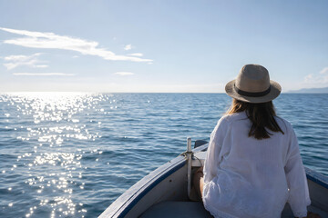 Fototapeta premium Traveler sitting on a boat facing the open sea