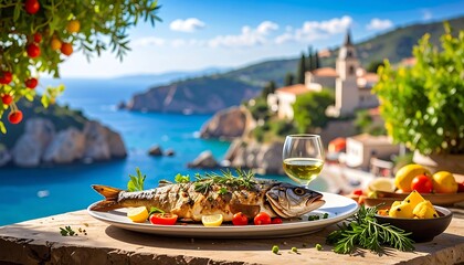 Obraz premium A grilled fish dish on a plate overlooking a serene coastal town