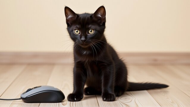 black kitten sitting wooden floor next computer mouse kitten looking directly camera curious expression its face its fur shiny shiny its eyes bright alert computer mouse black has wire attached