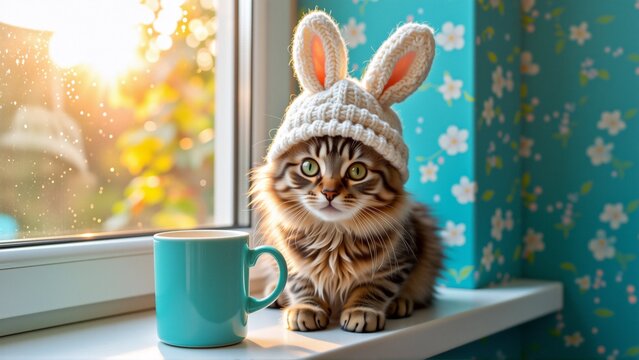 cat sitting window sill blue mug front cat wearing white knitted bunny hat two large ears top hat has ribbed texture appears soft fuzzy material background bright blue wall floral pattern sun shining