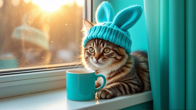 cat sitting windowsill blue mug front cat wearing blue knitted bunny hat two large ears top hat soft knitted material has ribbed texture resting windowsill cat looking directly camera curious