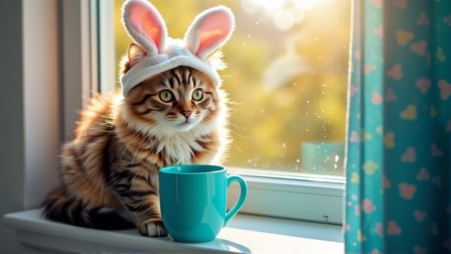 cat sitting window sill blue mug front cat orange brown color wearing white bunny hat pink ears hat resting cat head cat looking directly camera curious expression background blurred appears sunny