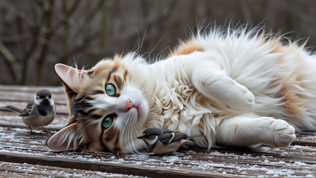 close cat lying its back wooden surface covered snow cat has orange white fur green eyes looking camera curious expression next cat two small birds one black white gray white background blurred