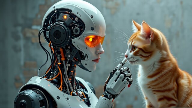 robot cat robot side wearing white helmet orange eyes has robotic arm wires cables attached cat sitting next robot looking robot curious expression background concrete wall grungy texture appears