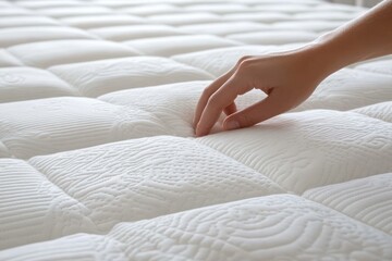 Fototapeta premium hand pressing into quilted white mattress surface creating a soft indentation and evoking comfort and relaxation