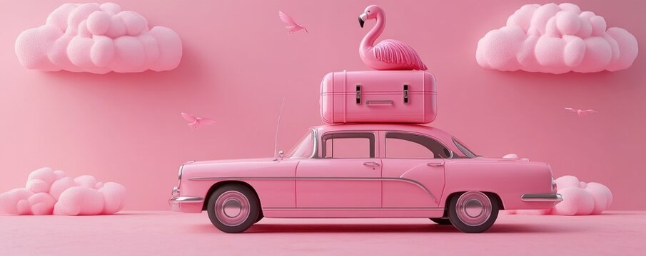 retro pink car with a roof suitcase topped by a flamingo figurine, surrounded by fluffy pink clouds and small birds in a dreamy playful monochrome scene