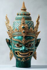 Fototapeta premium ornate turquoise and gold ceremonial headdress with jeweled filigree, winged ear ornaments and tiered conical crown on a pedestal, conveying regal and majestic presence