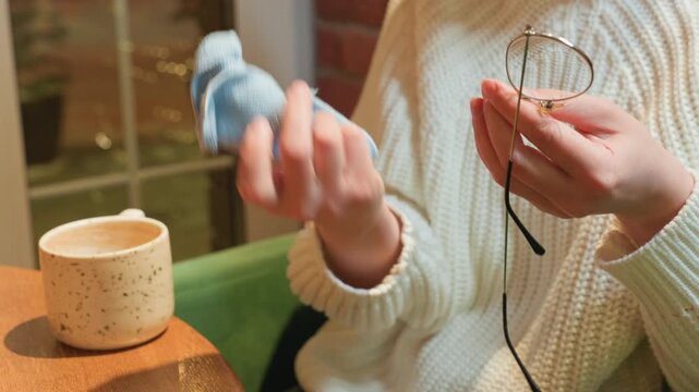 Young caucasian woman sewing blue sock, cozy living room setting with cream sweater and ceramic mug on wooden table, focused hands performing darning with needle and thread, warm evening light