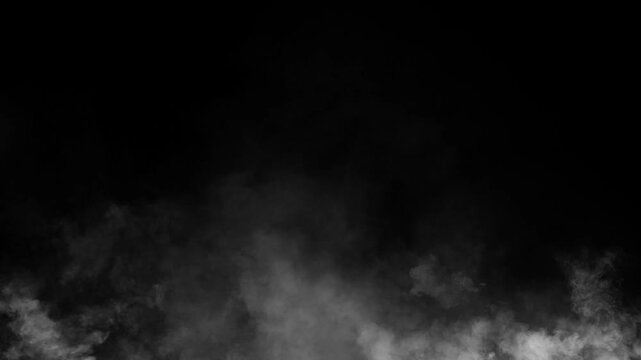 Soft white stage smoke plume isolated on black background. Steam overlay effect
