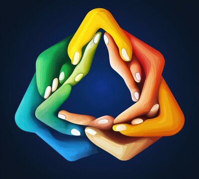 Five multicolored hands interlocked in a continuous triangular ring against a dark blue background, conveying unity, cooperation and solidarity