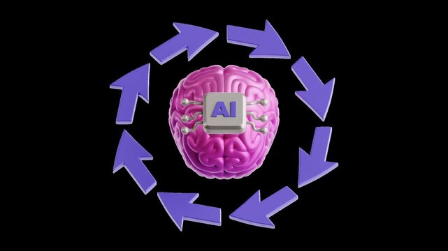 3D animation of a digital brain with a central AI chip and rotating arrows. Concept of adaptive learning and neural processing. Seamless loop on transparent background for motion overlay.