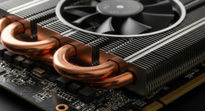 close-up of high-performance gpu copper heat pipes with cooling fan on circuit board