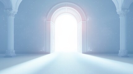 Fototapeta premium Glowing arched doorway in a classical hall with columns and soft starlike light creating a peaceful ethereal atmosphere