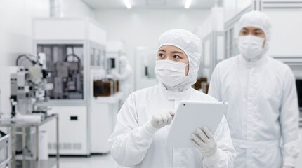 Naklejka premium 日本人半導体製造の若年女性技術者がクリーンルームでタブレットを持ち考え、背景に中年男性エンジニアが控える様子、精密機械工場の清潔な空間と背景余白