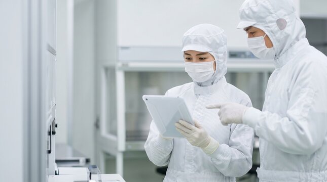 日本人半導体製造技術者の男女（中年男性・若年女性）がクリーンルームでタブレット端末を見ながら打ち合わせをする様子、精密機器工場の設備と背景余白